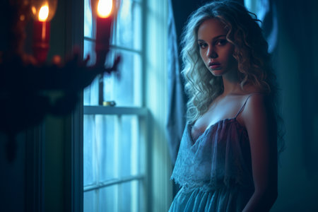 a beautiful woman in a blue dress standing in front of a windowの素材