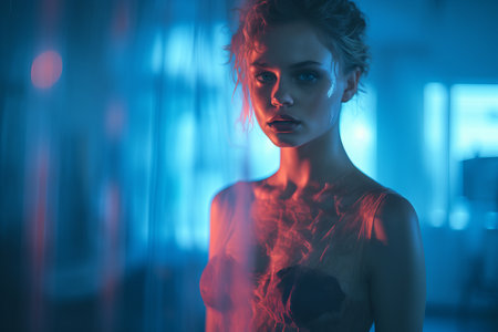 a beautiful woman in a red dress standing in front of a blue lightの素材