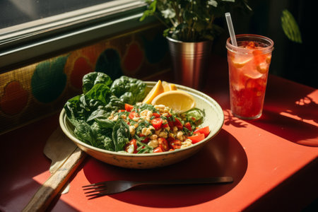 a bowl of salad on a table next to a glass of juiceの素材