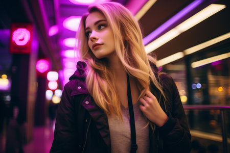 a beautiful blonde woman standing in front of neon lightsの素材