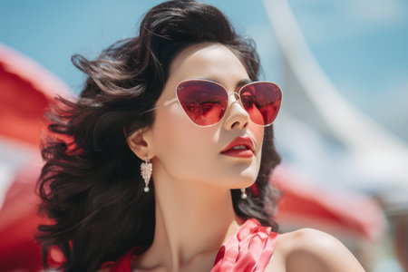 a beautiful woman wearing red sunglasses and earringsの素材