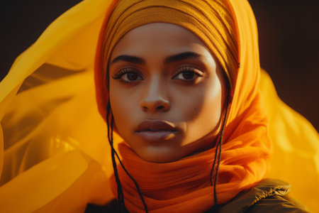 a beautiful young woman in a yellow headscarfの素材