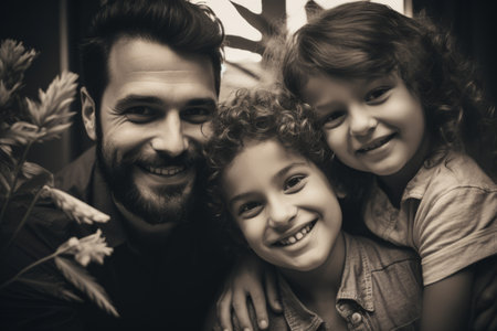 a black and white photo of a man and two childrenの素材