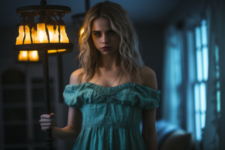 a beautiful young woman in a blue dress holding a lampの素材