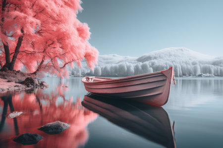 a boat is sitting on the water next to a pink treeの素材