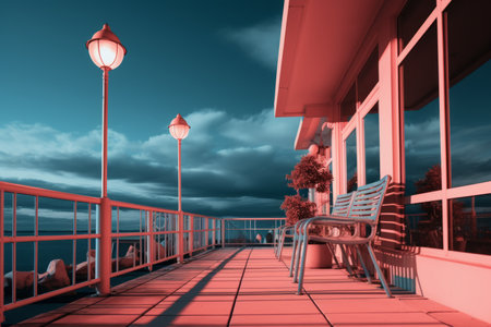 a bench is sitting on the edge of a dockの素材