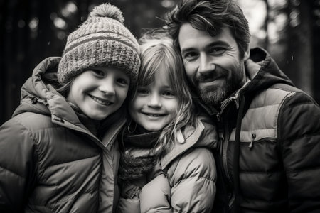 a black and white photo of a man and two childrenの素材