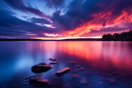 a beautiful sunset over a lake with rocks in the waterの素材