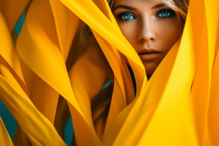 a beautiful woman with blue eyes hiding behind yellow fabricの素材