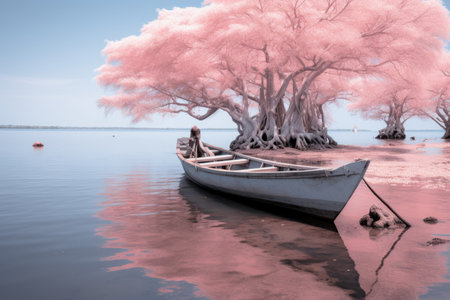 a boat on the water next to a pink treeの素材