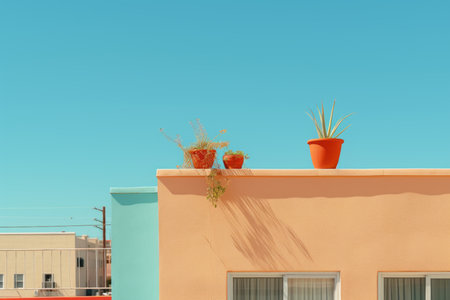 a colorful building with potted plants on the roofの素材