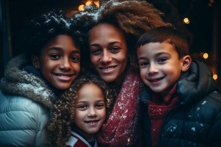 a family posing for a photo in front of christmas lightsの素材