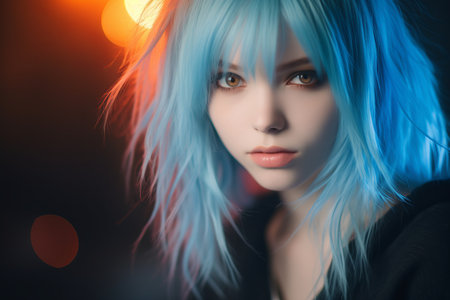 a girl with blue hair and bright eyesの素材