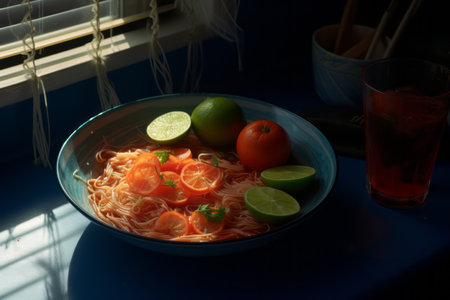 a bowl of food on a table next to a windowの素材