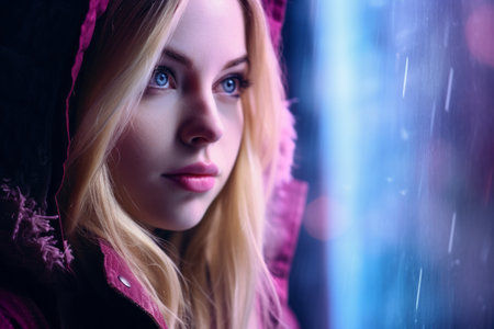 a beautiful young woman in a hooded jacket looking out the windowの素材