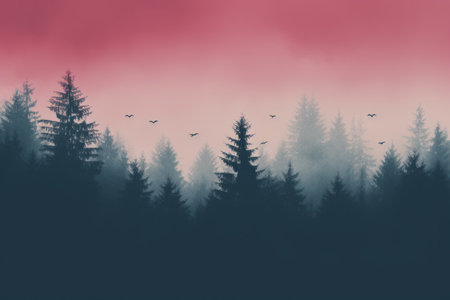 a forest with trees and birds flying in the skyの素材
