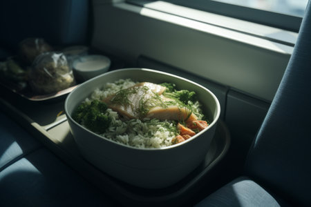 a bowl of food sitting on a seat next to a windowの素材