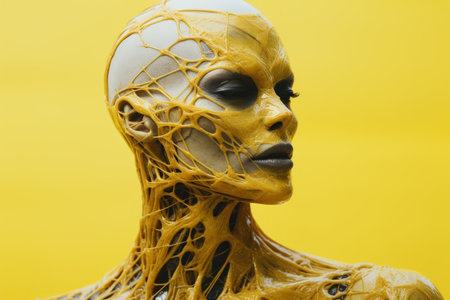 a close up of a womans head with yellow paint on itの素材