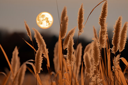 a full moon is seen over tall grass in front of a fieldの素材