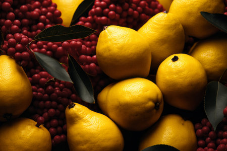 a bunch of lemons and berries on a black backgroundの素材