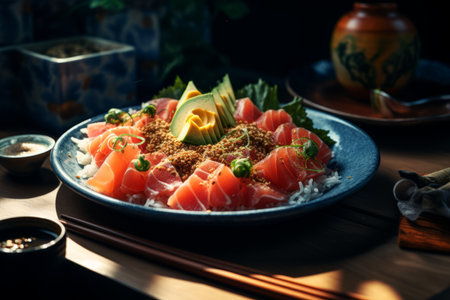 a bowl of sushi on a table with chopsticksの素材