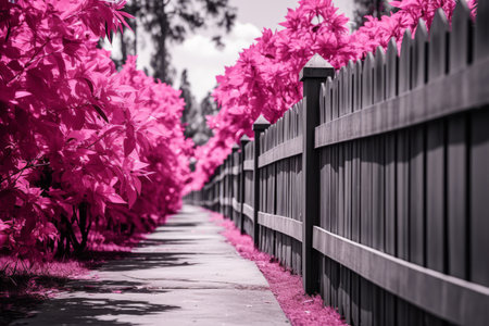 a black and white photo of a fence with pink treesの素材