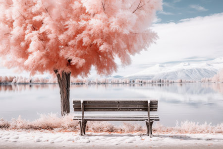 a bench sitting in front of a pink treeの素材