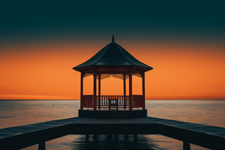 a gazebo on a pier at sunsetの素材