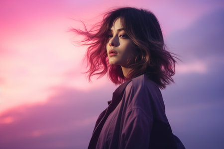 a beautiful woman with her hair blowing in the wind at sunsetの素材