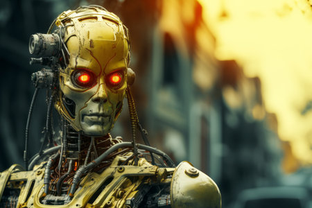 a close up of a robot with glowing red eyesの素材
