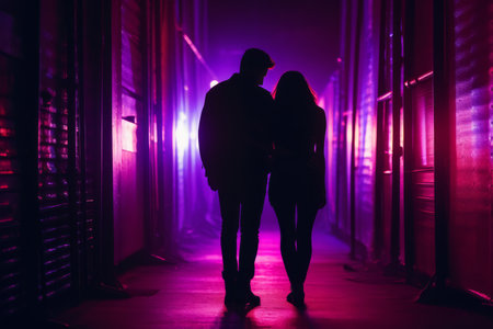 a couple walking down an alley with neon lightsの素材