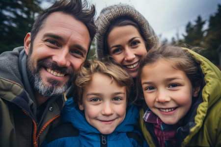 a family taking a selfie in the woodsの素材