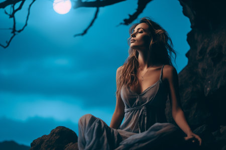 a beautiful woman sitting under a tree at night with a full moon in the backgroundの素材