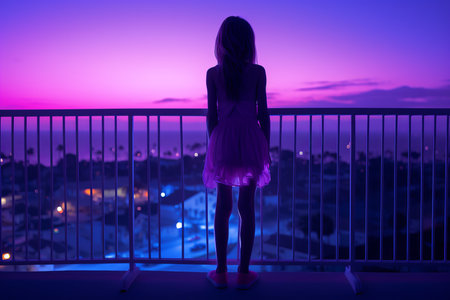 a girl in a pink dress stands on a balcony looking at the sunsetの素材