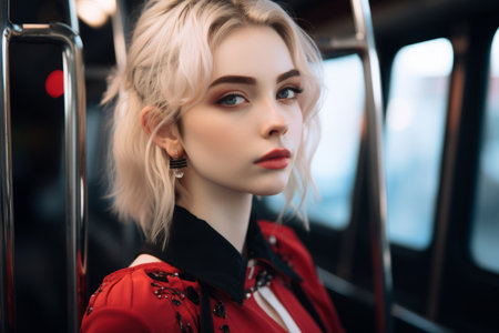 a beautiful young woman with blonde hair sitting on a busの素材