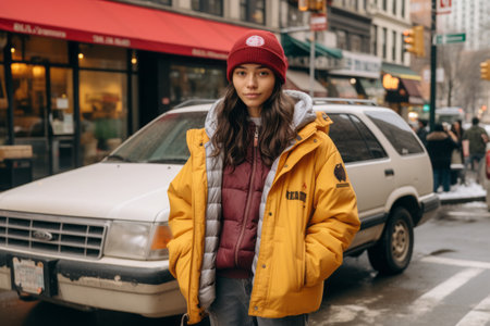 a girl in a yellow jacket and red beanie standing on a city streetの素材