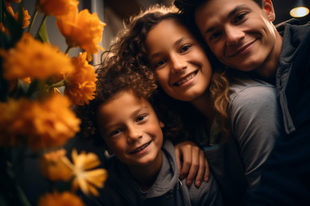 a family poses for a photo in front of a bouquet of flowersの素材