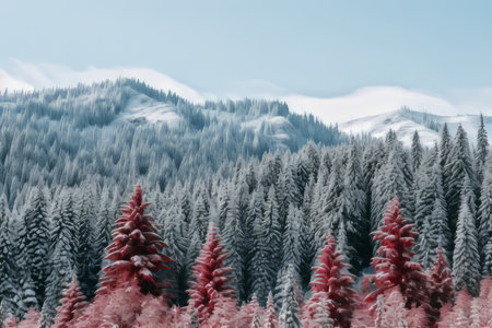 a forest with snow covered trees and red treesの素材