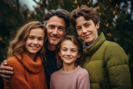 a family posing for a photo in front of a christmas treeの素材