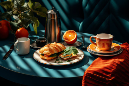 a croissant and orange juice on a blue tableの素材