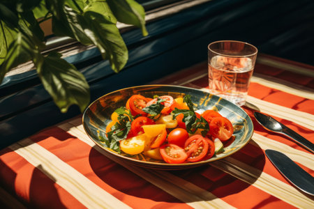 a bowl of tomatoes and spinach on a table next to a glass of waterの素材