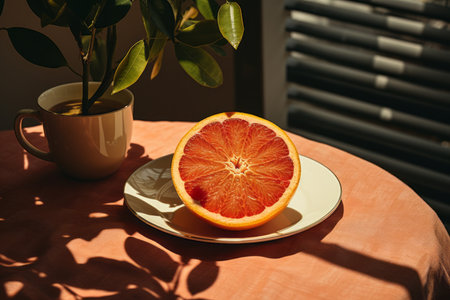 a grapefruit on a plate next to a plantの素材