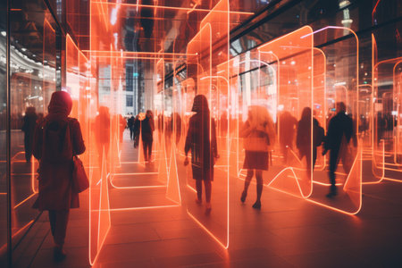 a group of people walking through a city with neon lightsの素材
