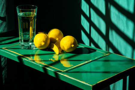a glass of water and lemons on a green tableの素材