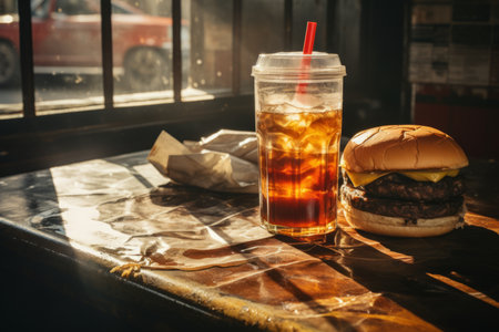 a hamburger and drink on a table in front of a windowの素材