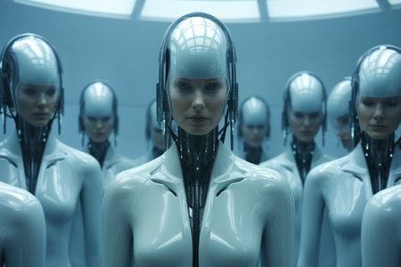a group of female robots standing in front of each otherの素材