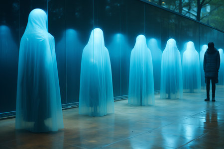 a group of people standing in front of a wall covered in blue lightsの素材