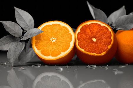 a group of oranges with leaves and water dropletsの素材