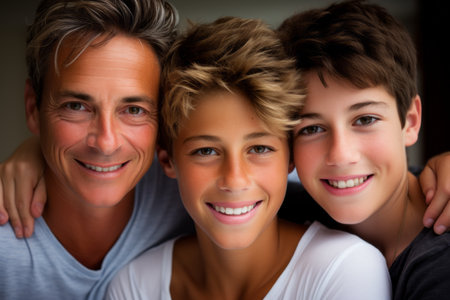 a man and two boys are smiling for the cameraの素材