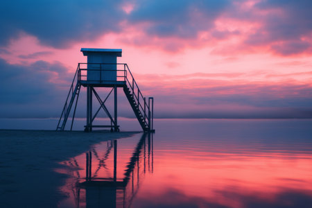 a lifeguard tower on the beach at sunsetの素材